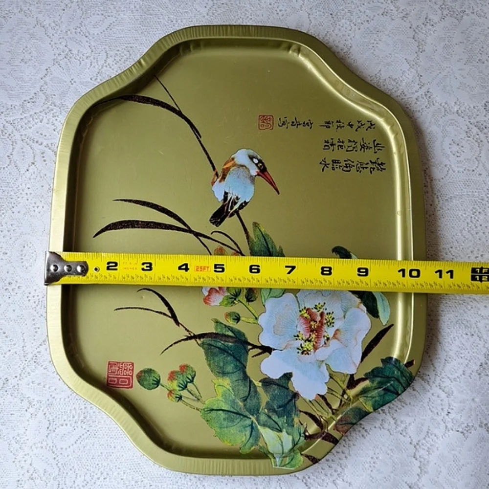 Vintage Large Gold Metal Tin Tray Bird and Magnolia Flowers Hong Kong 11 x 13